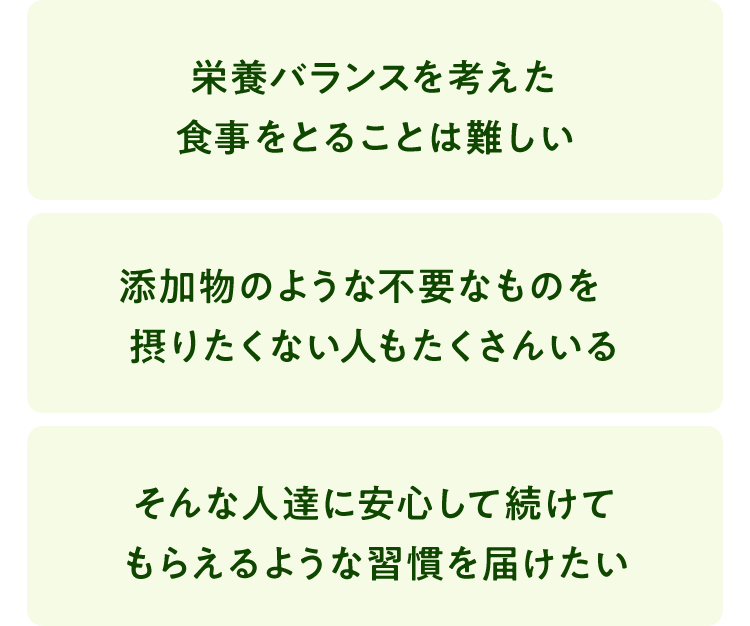 栄養バランスを考えた食事をとることは難しい添加物のような不要なものを摂りたくない人もたくさんいるそんな人達に安心して続けてもらえるような習慣を届けたい