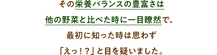 その栄養バランスの豊富さは他の野菜と比べた時に一目瞭然で、最初に知った時は思わず「えっ！？」と目を疑いました。