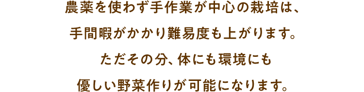 農薬を使わず手作業が中心の栽培は、手間暇がかかり難易度も上がります。ただその分、体にも環境にも優しい野菜作りが可能になります。