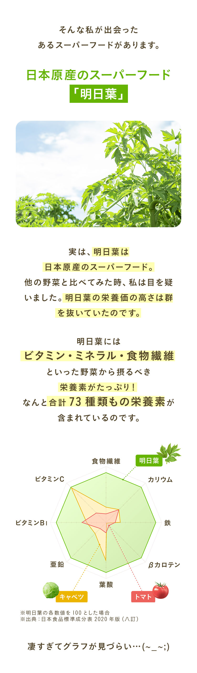 そんな私が出会ったあるスーパーフードがあります。日本原産のスーパーフード「明日葉」