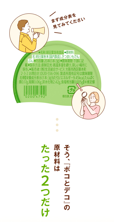 まず成分表を見てみてください。そう、『ボコとデコ』の原材料はたった2つだけ