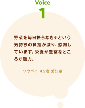 voice01 野菜を毎日摂らなきゃという気持ちの負担が減り、感謝しています。栄養が豊富なところが魅力。 ソウベニ 45歳 愛知県