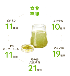 食物繊維 ミネラル10種類 アミノ酸19種類 その他元気成分21種類 LPSポリフェノール11種類 ビタミン11種類