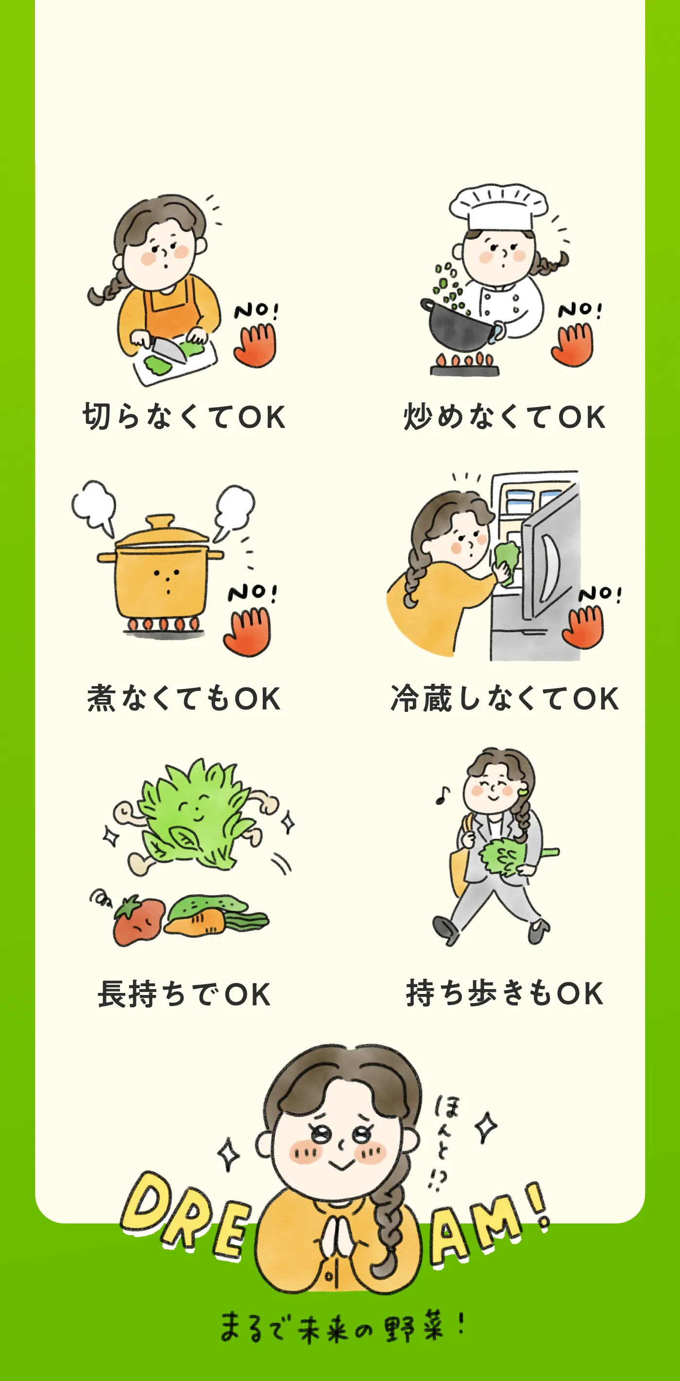 切らなくてOK、炒めなくてOK、煮なくてもOK、冷蔵しなくてOK、長持ちでOK、持ち歩きもOK