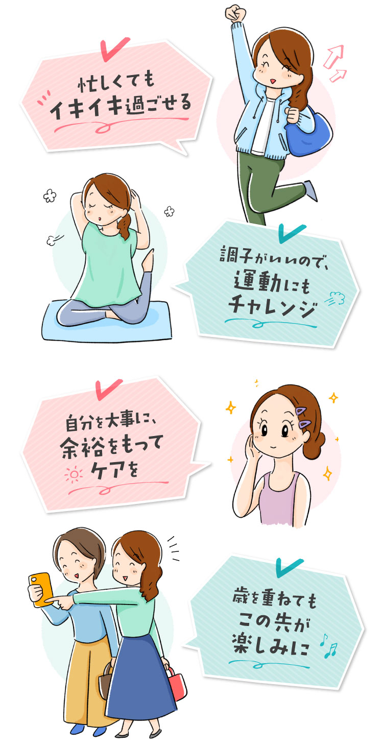 忙しくてもイキイキ過ごせる 調子がいいので、運動にもチャレンジ イライラせず、気持ちに余裕ができた 歳を重ねてもこの先が楽しみに