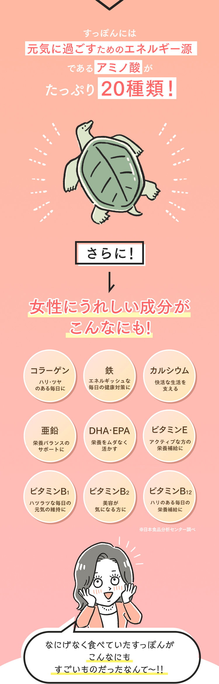 すっぽんには元気に過ごすためのエネルギー源であるアミノ酸がたっぷり20種類！