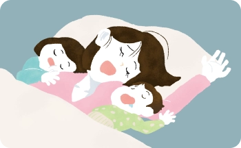 子どもと一緒に寝落ちしているイラスト