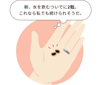 朝、水を飲むついでに2粒。これなら私でも続けられそうだ。