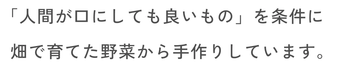 「人間が口にして良いもの」を条件に畑で育てた野菜から手作りしています。