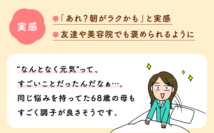 実感：「あれ？朝がラクかも」と実感。友達や美容院でも褒められるように。“なんとなく元気”って、すごいことだったんだなぁ…。同じ悩みを持ってた68歳の母もすごく調子が良さそうです。