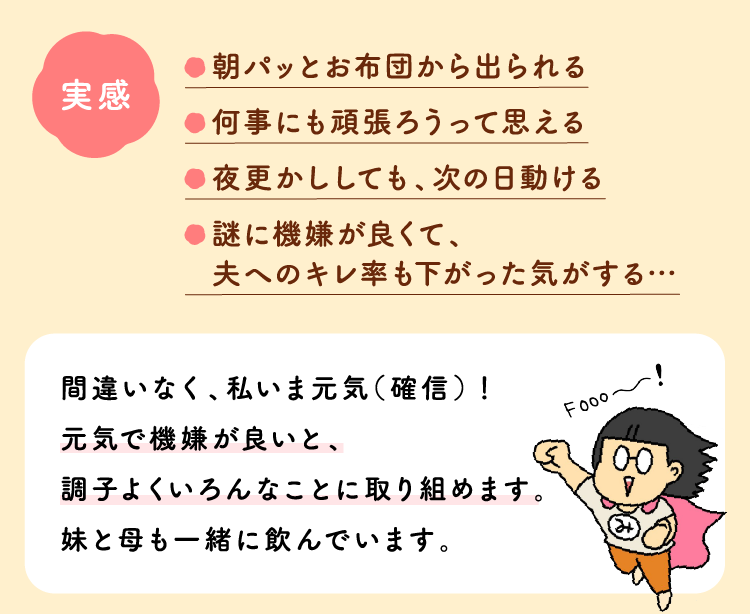 実感：朝パッとお布団から出られる。何事にも頑張ろうって思える。夜更かししても、次の日動ける。謎に機嫌が良くて、夫へのキレ率も下がった気がする…。間違いなく、私いま元気（確信）！元気で機嫌が良いと、調子よくいろんなことに取り組めます。妹と母も一緒に飲んでいます。