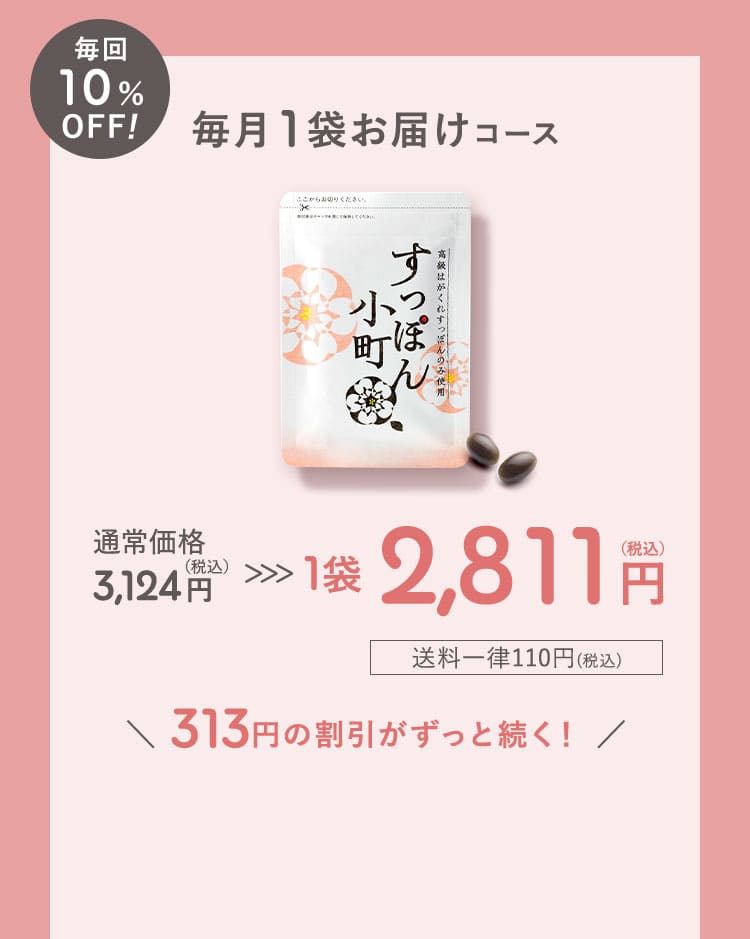 『毎回10%OFF！』毎月1袋お届けコース 1袋2,811円(税込) 送料一律110円（税込） 313円の割引がずっと続く！