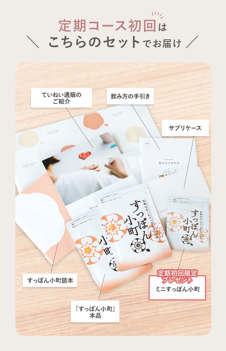 定期コース初回はこちらのセットでお届け ていねい通販のご紹介 飲み方の手引き サプリケース すっぽん小町読本 すっぽん小町本品 定期初回限定プレゼント ミニすっぽん小町