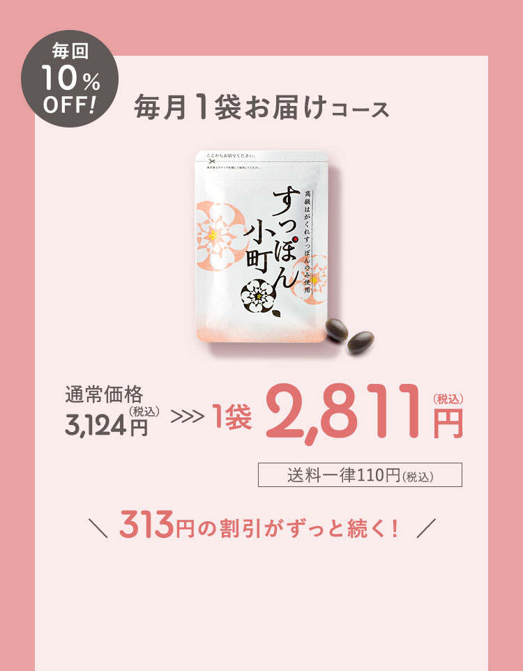 毎回10%OFF 毎月1袋お届けコース 通常価格3,124円(税込)が1袋2,811円(税込) 送料一律110円(税込) 313円の割引がずっと続く!